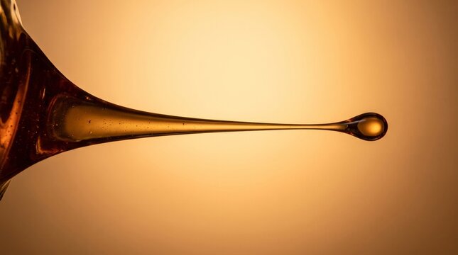 Amber liquid droplet suspended from glass pipette against warm background