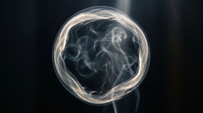 Luminous smoke ring swirling in darkness