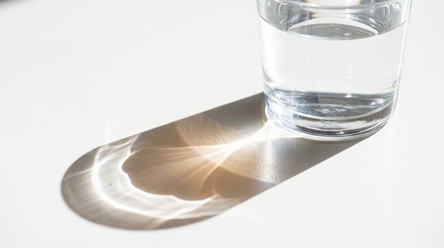 Glass of water casting shadow on white surface in sunlight
