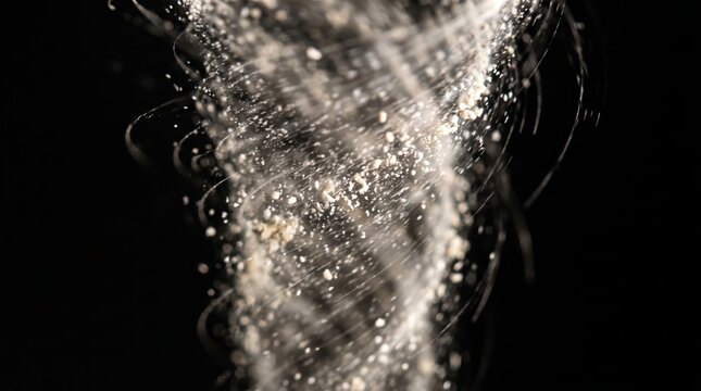 Water stream flowing with splashing droplets against black background