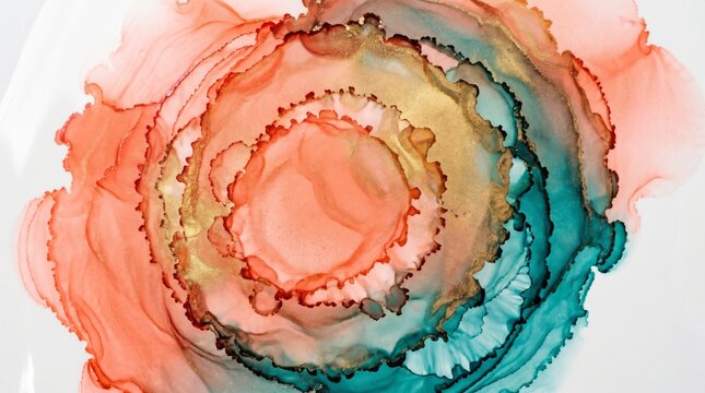 Spiral watercolor paint swirls with gold accents, coral to teal gradient