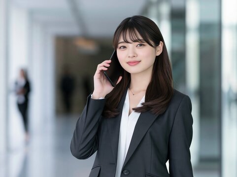 明るいホールの前で笑顔でスマートフォンの通話に応答するスーツ姿の女性