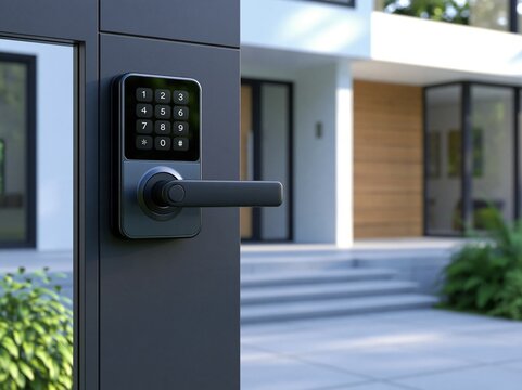 新築一戸建ての玄関ドアに設置された便利な暗証番号式スマートキー