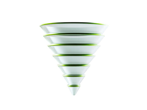 Abstract 3D funnel shape with layered white and green rings isolated on white background
