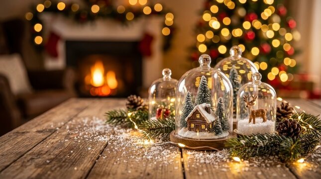 Christmas globes and festive decorations on wooden table