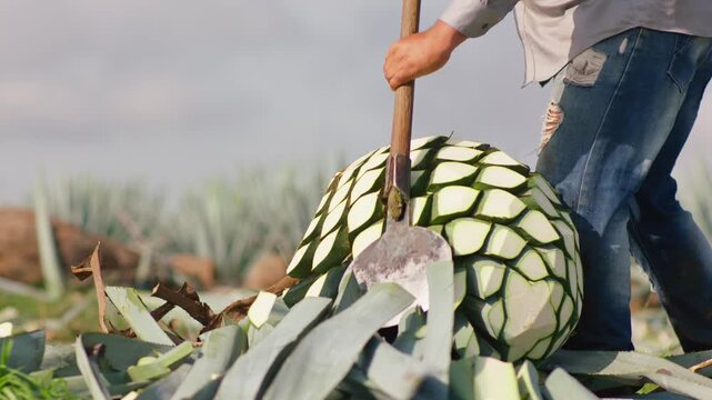 Slow motion close up of a traditional Mexican jimador using a coa tool to cut the leaves off a blue agave heart during harvest for tequila production