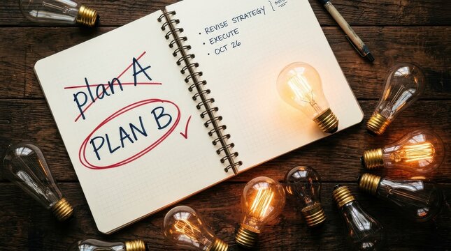 Business Strategy Concept with Plan B Circled in Notebook Surrounded by Glowing Light Bulbs on Wooden Table