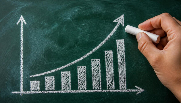 Hand drawing upward growing financial business bar chart with arrow on blackboard background