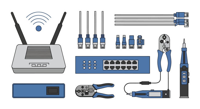 Collection of networking equipment featuring a wireless router ethernet cables network switch and cable crimping tools for internet maintenance