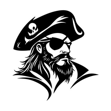 A high contrast black and white graphic illustration of a pirate character featuring a tricorn hat with a skull motif an eye patch and a long beard intended for use as a sports mascot or logo design