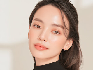 Fototapeta premium 美容, 女性, スキンケア, 化粧品, ビューティー, 若い女性, 美肌, 日本人, アジア人, フェイシャル, メイク, 美容液, 保湿, クリーム, エイジングケア, 美容医療, エステ, 美容クリニック, 肌ケア, ナチュラルメイク, 透明感, ツヤ肌, モデル, 笑顔, ポートレート, クローズアップ, リラックス, 癒し, 健康的, 美白, コラーゲン, ヒアルロン酸, アンチエイジング