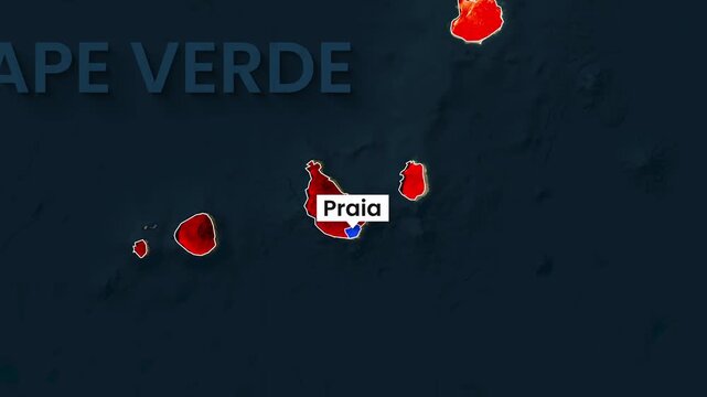 Animated map clip highlighting cape verde islands and capital praia motion graphics