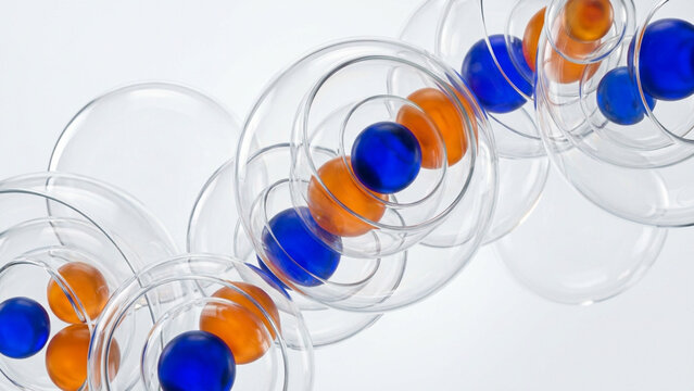 A fascinating visual representation of atomic structures featuring glowing blue and orange spheres intertwined within transparent glass orbits symbolizing molecular bonds and microscopic physics