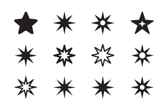 Various black star symbols and abstract asterisk shapes for decorative and design purposes.