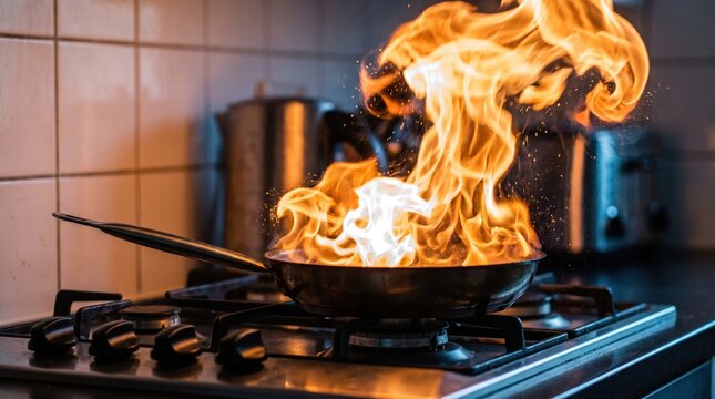 Professional culinary chef technique preparing gourmet food with dynamic flambe fire effects in the kitchen.