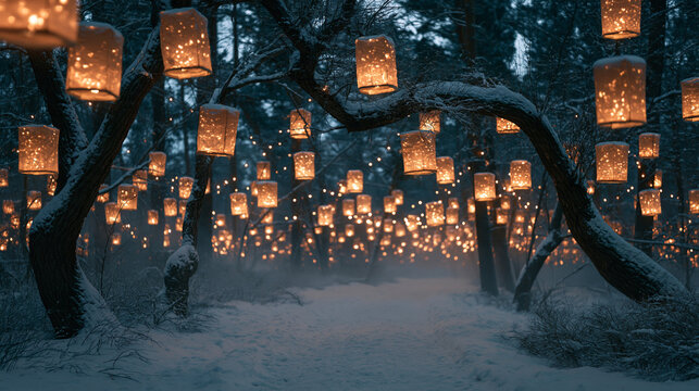Glowing paper lanterns hanging in snowy winter forest at dusk