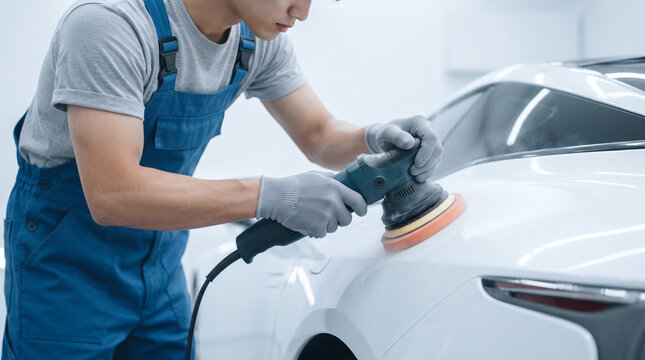 ポリッシャーで白い車体を研磨する自動車整備士