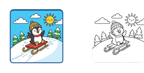 Fototapeta premium Coloring Page for Kids with a Cute Cartoon Penguin Sledding on a Sunny Winter Day