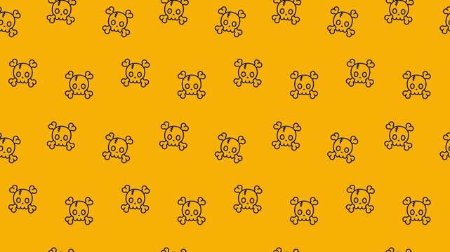 Brown skull bone icons create a bold pattern on a bright orange background. Suitable for halloween designs, rock band merchandise, or edgy branding. Halloween background