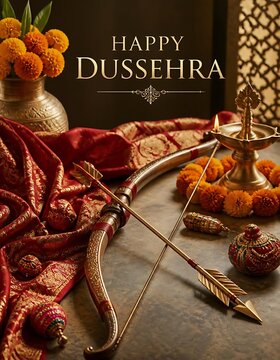 Happy dussehra celebration with traditional bow arrow diya lamp and red silk fabric