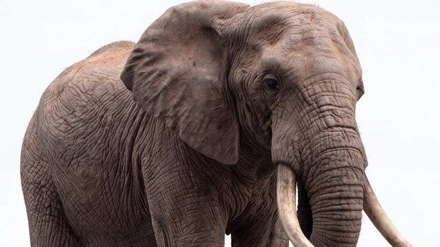 Elephant raising its trunk majestically, showcasing large tusks and detailed wrinkled skin. The powerful mammal stands calmly, isolated on white background. Video made using Generative AI.