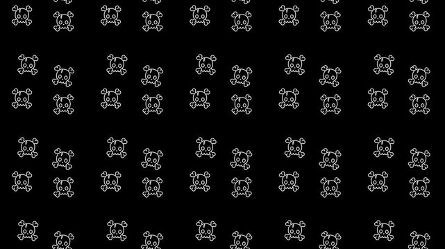 Repeated white skull icons on a black background edgy design suitable for halloween, gothic themes, or dark graphic projects.
