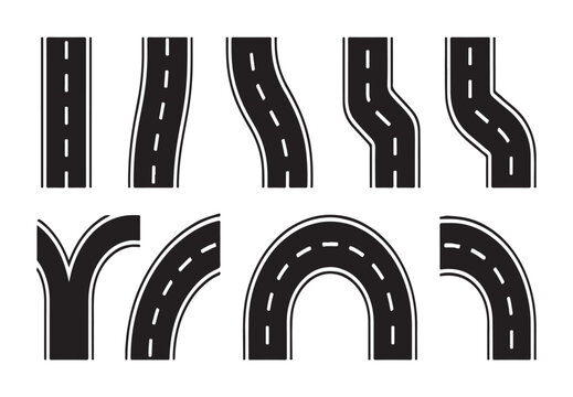 Black asphalt road segments with white markings for building urban map layouts and creative transit network designs.