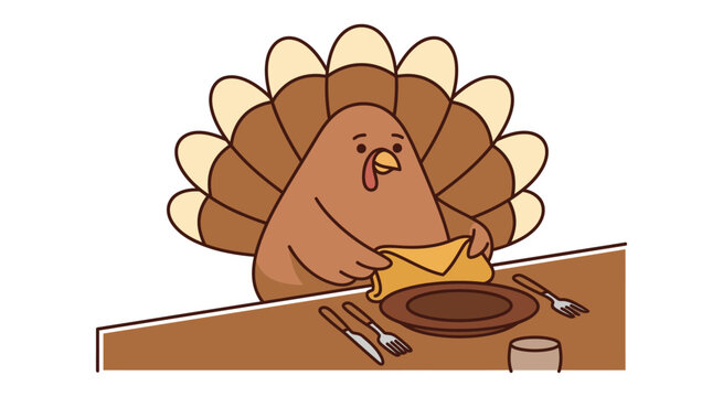 Turkey cartoon character sitting at a table with a plate and cutlery featuring bird, animal