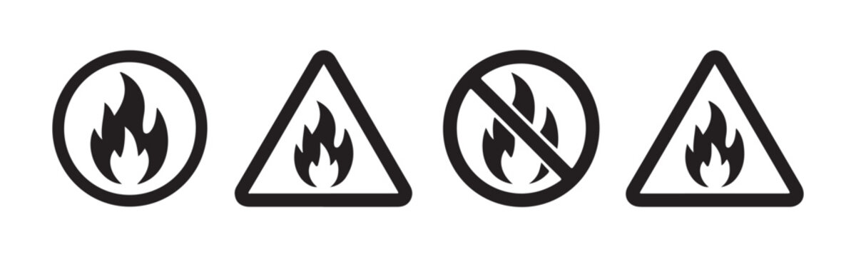 Flammable warning signs collection with fire hazard symbols for industrial safety label templates.