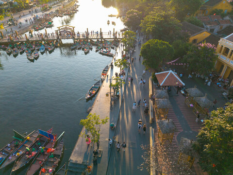 Aerial panoramic view of Hoi An city, Da Nang province, Vietnam. Panoramic footage of Hoian ancient town, UNESCO world heritage. One of the most travel popular touristic destinations 
