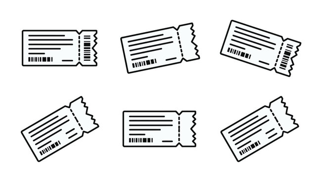 Line art tickets with barcodes are displayed on a light gray background