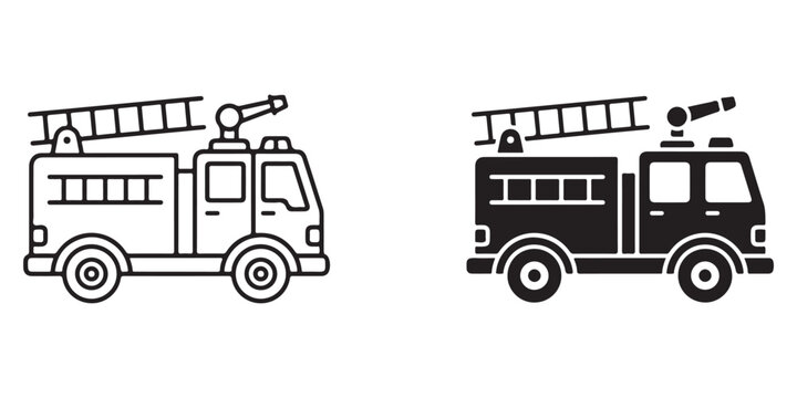 Firetruck Vector Icons with Ladder and Spotlight in Simple Line Art Style for Various Uses