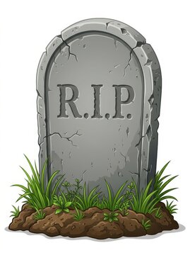 Cartoon Gravestone with RIP Inscription on Dirt Mound with Grass Isolated on White Background