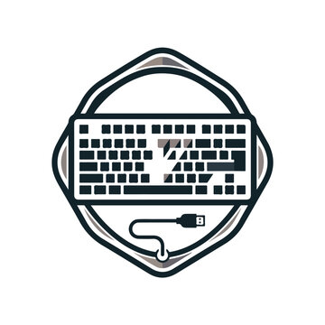 Keyboard emblem with cable connection graphic design element for computer typing hardware