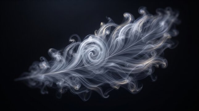 Ethereal smoke plume shaped like a delicate feather, abstract white vapor art on black background, mystical swirling smoke design