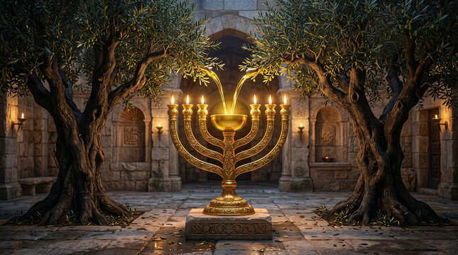 Zechariah 4, The visionary solid gold lampstand flanked by two living olive trees that pour golden oil directly into its bowl