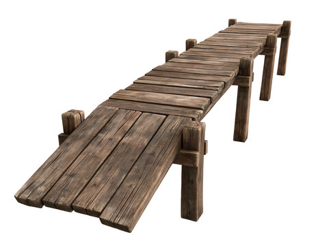 Rustic wooden pier bridge isolated on white background for outdoor landscape design
