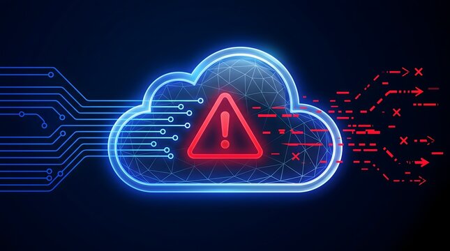 Digital cloud security alert with warning symbol and data breach concept on dark blue background