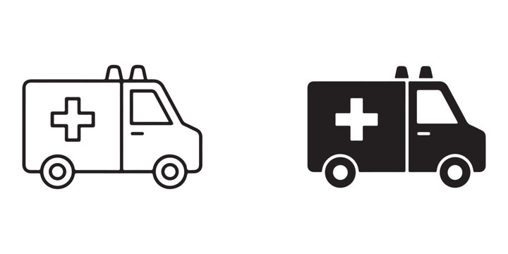 Medical Emergency Vehicle Icons in White and Black Color Variations Isolated on Transparent Background