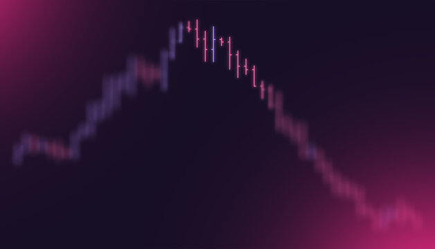 A blurred, abstract digital display of a purple and pink candlestick chart on a dark background, illustrating a significant downward financial market trend, stock price decline, and investment loss, c