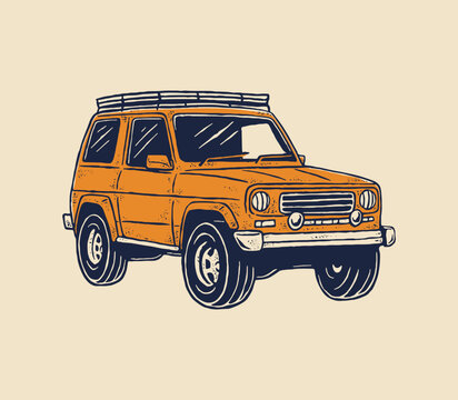 Vintage orange off-road SUV illustration with a roof rack, drawn in a retro halftone automotive style for adventure branding.
