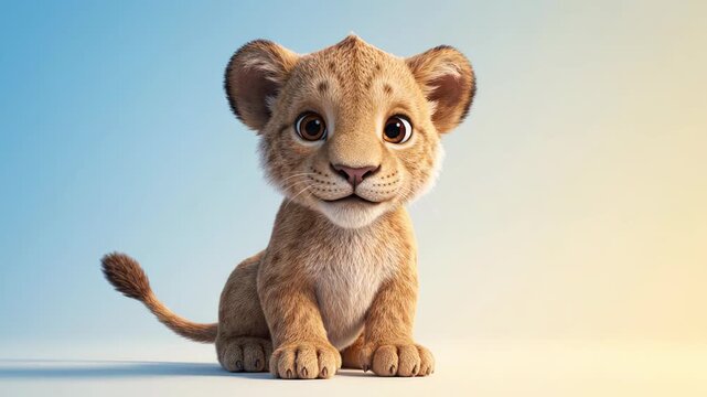 Cute 3D lion cub sitting on soft blue gradient background