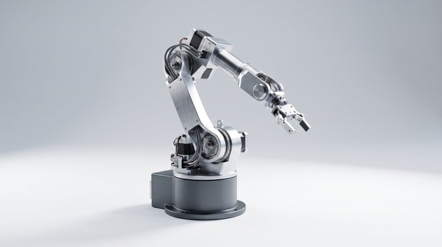 Advanced silver metallic industrial robotic arm manipulator for precise automation and modern manufacturing engineering tasks in laboratory environment