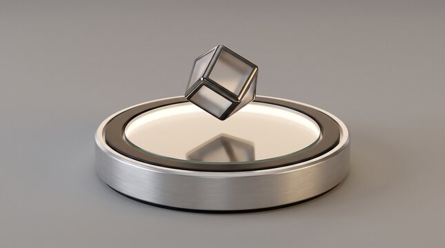 Minimalistic 3D render of a futuristic metallic cube levitating over a glowing circular pedestal