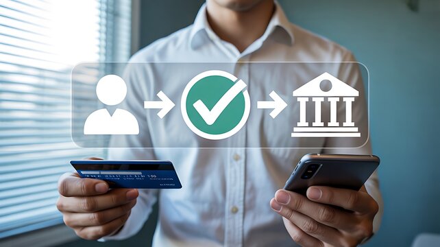 Digital identity verification and secure payment concept with smartphone, credit card and approval checkmark