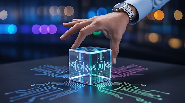Artificial intelligence technology cube with digital interface and human hand