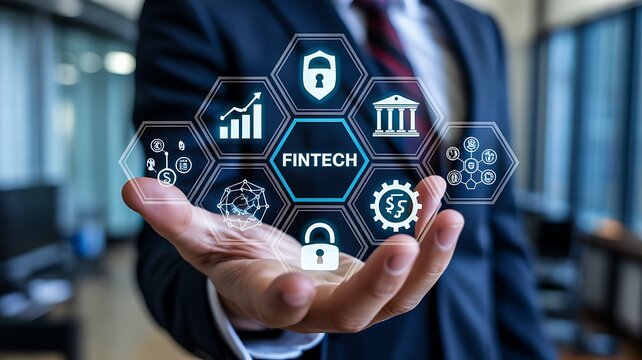 Business professional using digital fintech and financial technology interface