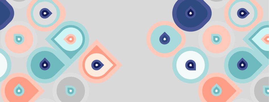 Abstract background features rounded squares, circles, teardrops. Soft pastel colors dominate design, creating playful pattern.