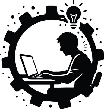 Deep Work Icon Featuring Focused Professional Working On Laptop Inside Gear Symbol, Productivity And Concentration Concept Vector Illustration