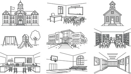 Obraz premium School Building and Classroom Interior Vector Icon Set Featuring Education Elements, Library, Gym, Playground, and Locker Outlines for Academic Graphic Designs